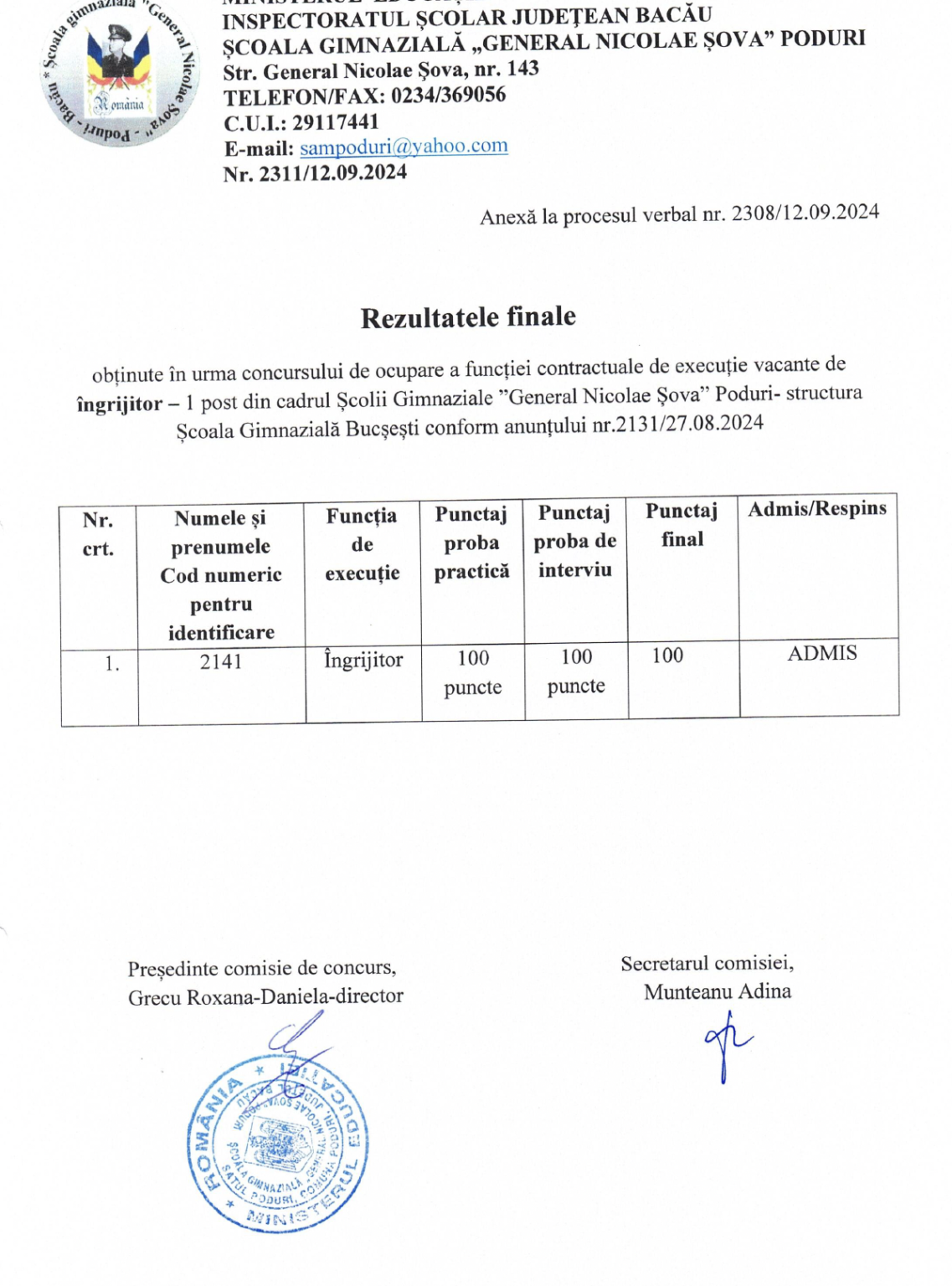rezultate concurs ingrijitor